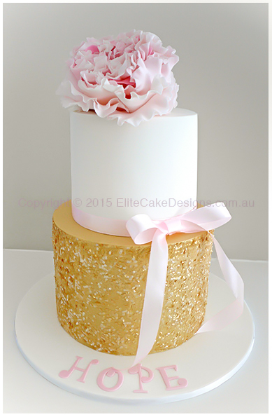 Glamour Christening Cake for a baby girl with gold glitter and sequins